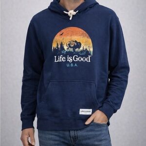 Life Is Good Navy Graphic Hoodie | Bison Sunset Pullover | Men’s Medium Cozy